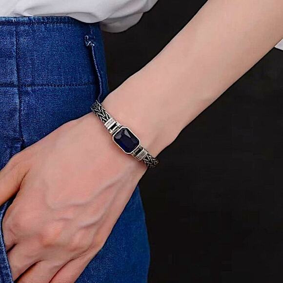 Sterling Silver Blue Zircon Braided Bracelet, Unisex, Handmade - Picture 15 of 15